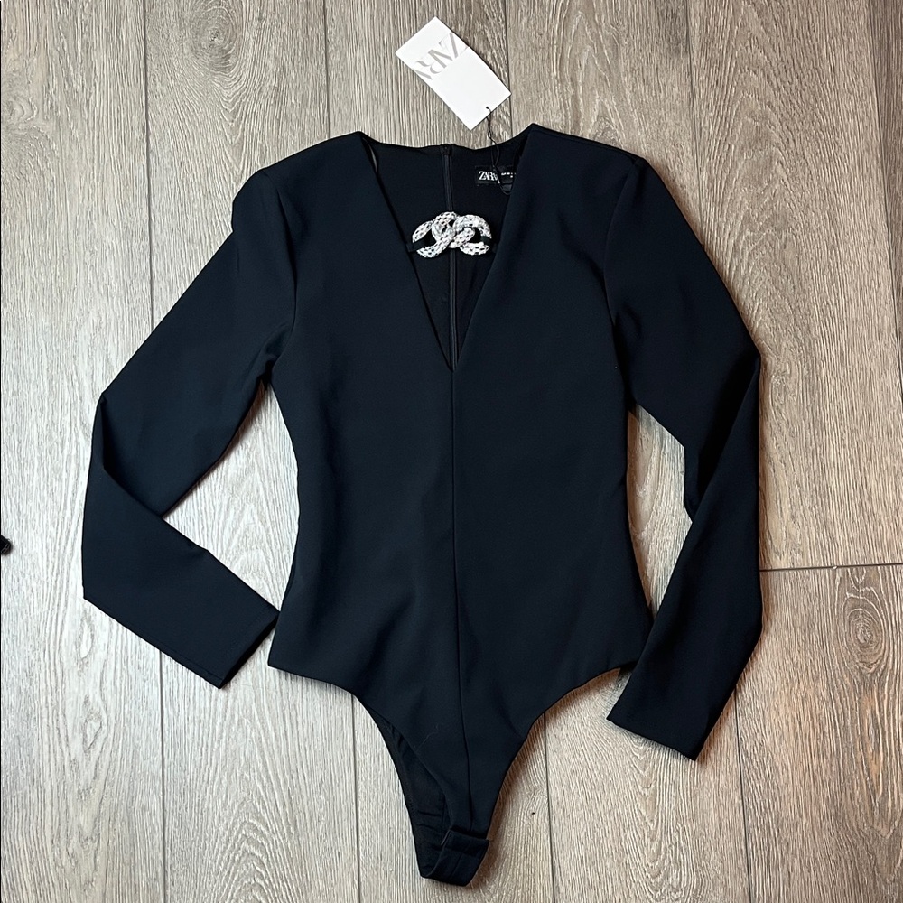 Zara Black Bodysuit with Silver Accents Xs long sleeve nwt